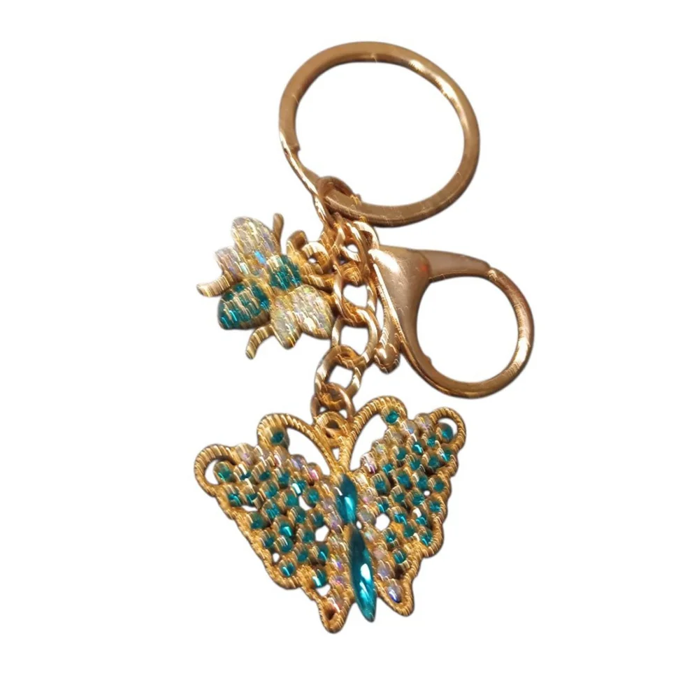 Beautiful Blue Rhinestone Butterfly Bumblebee Gold Tone Keychain Purse Charm